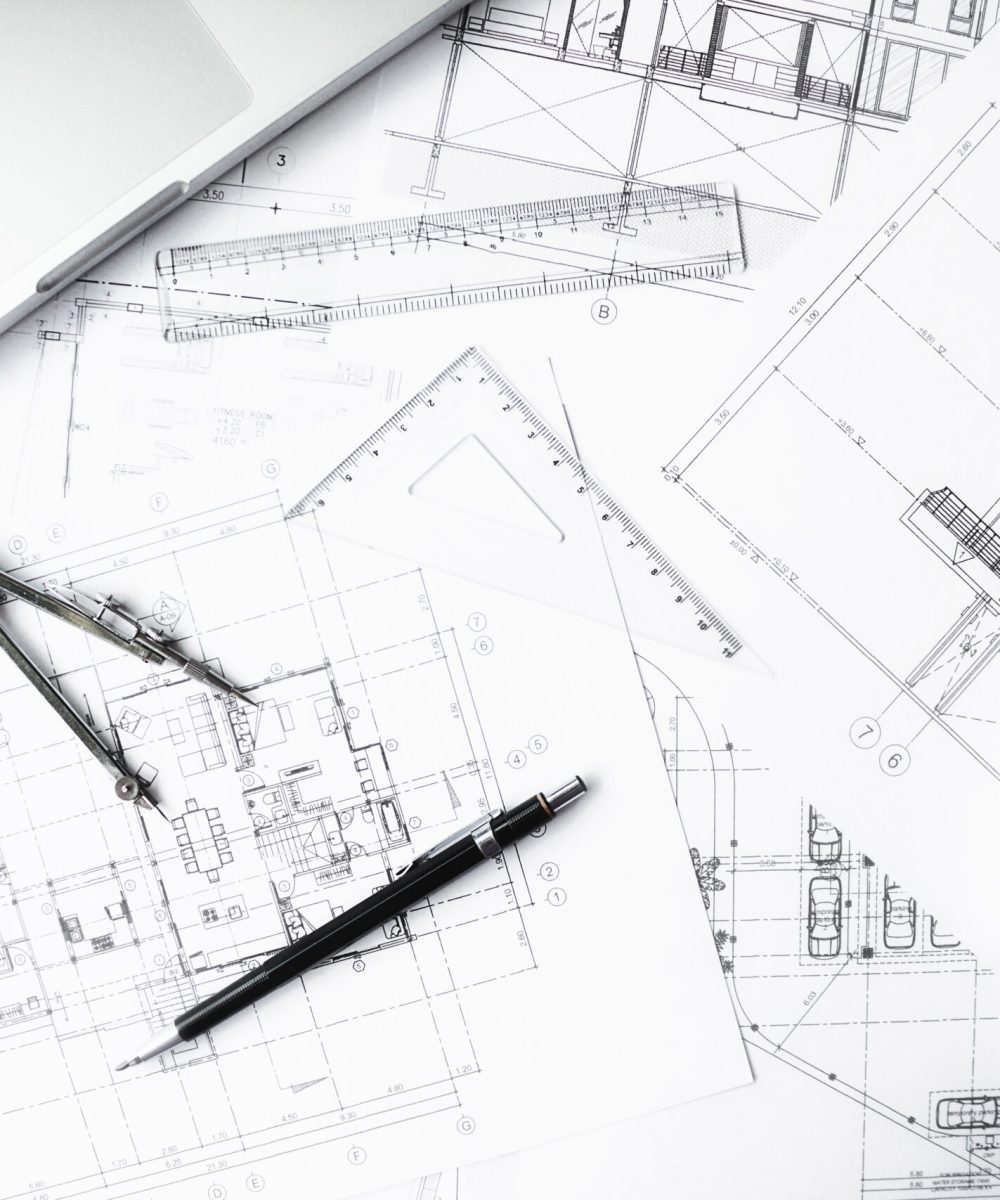Image of engineering objects on workplace top view.Construction concept. Engineering tools.Vintage tone retro filter effect,soft focus(selective focus)